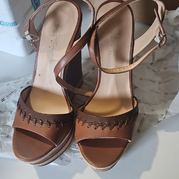 ANDREA FENZI Tan Leather Wedge Sandals - Picture 1 of 9